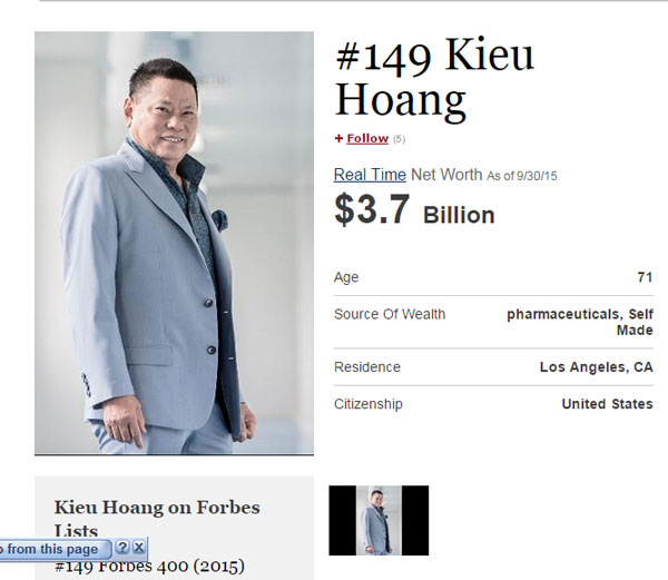 Hiện ông Hoàng Kiều sở hữu 2,8 tỷ USD, là người giàu thứ 627 hành tinh sau khi đã lọt danh sách tỷ phú thế giới của Forbes từ tháng 3 với tài sản khi đó là 1,65 tỷ USD.Tài sản của tỷ phú 70 tuổi này tăng vọt từ đầu năm nhờ giá cổ phiếu hãng sản xuất huyết tương Shanghai RAAS Blood Products đi lên trên sàn chứng khoán Thâm Quyến. Ông Hoàng Kiều hiện sở hữu 183,6 triệu cổ phiếu công ty này, tương đương 37% cổ phần.