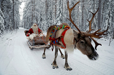Ông già Noel cưỡi xe trượt tuyết tại Rovaniemi, Phần Lan, ngày 15/12