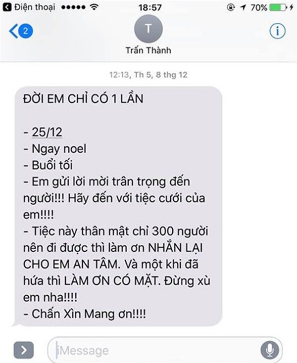 Nói không với người lạ  Mong khách mời không dẫn theo người nhà và mang theo thiệp cưới khi tới chung vui chính là hành động ‘cấm cửa’ của bộ đôi đình đám này với người lạ. Để đảm bảo tuyệt đối về tính riêng tư cũng như an ninh cho ‘cô dâu vàng’ của mình và đám cưới linh đình, Trấn Thành đã đưa quy định này vào thiệp mời và có lẽ anh rất hy vọng lễ cưới của mình diễn ra êm xuôi.  Và gửi lời chào tới ‘người quen’  Không chỉ dùng thiệp mời, Trấn Thành còn dùng tuyệt kỹ hài hước của mình để gửi đi những tin nhắn hết sức độc đáo.