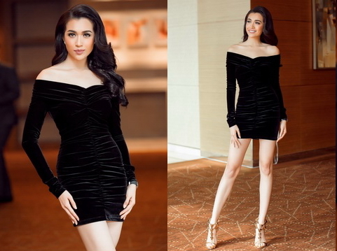 Á hậu Lệ Hằng khoe vai trần đi dự sự kiện