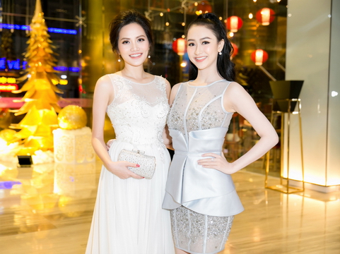 Á hậu Hà Thu 'hẹn hò' hoa hậu Diệu Linh lộng lẫy dự tiệc cuối năm