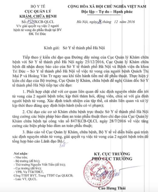 Công văn của Bộ Y tế gửi Sở Y tế Hà Nội