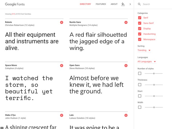 Bạn có thể chọn font chữ phù hợp với nhu cầu sử dụng khi truy cập vào địa chỉ Google.com/fonts. Hơn 700 bộ font chữ với nhiều tùy chỉnh về kiểu dáng, kích thước cho bạn thỏa sức lựa chọn.