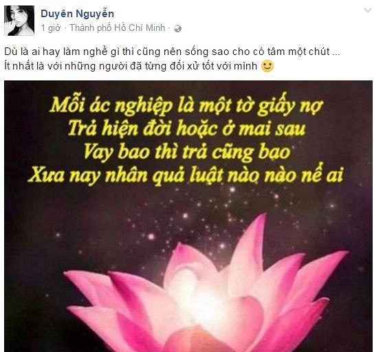 Kỳ Duyên chia sẻ ảnh về luật nhân quả khiến nhiều người hiểu ngầm cô đang nói về việc có người 