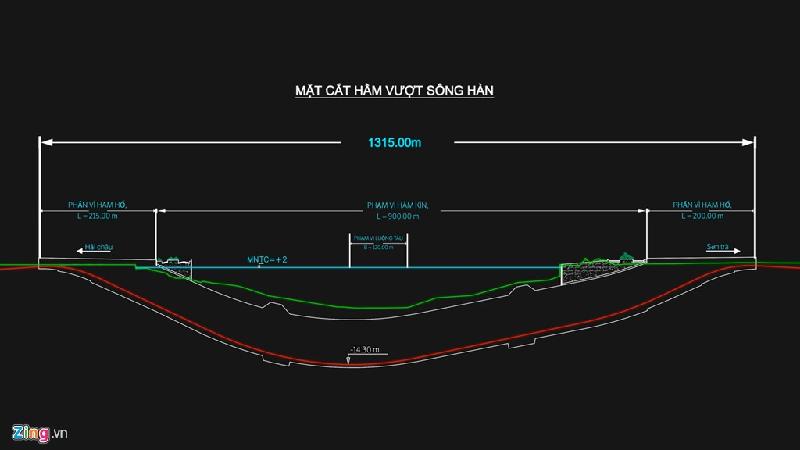 Bản thiết kế của Britec cho thấy mặt cắt công trình dài 1315 m, trong đó, phạm vi hầm kín 900 m, phạm vi hầm hở ở hai đầu là 215 m (quận Hải Châu) và 200 m (phía quận Sơn Trà).