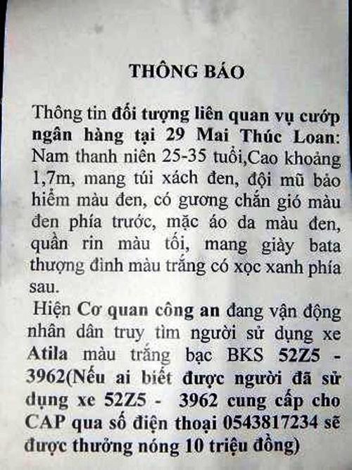 Công an phường treo thưởng tìm manh mối tên cướp ngân hàng tại Huế ảnh 1
