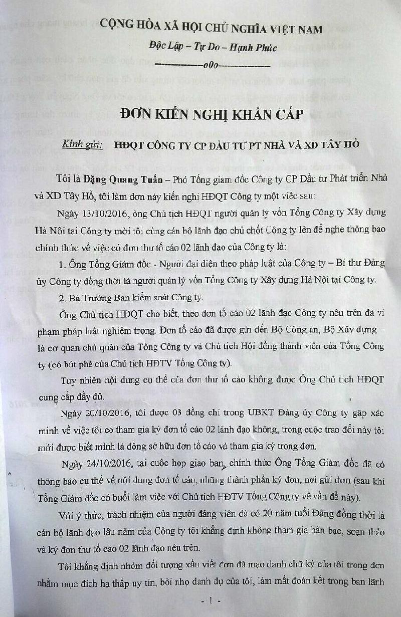 Đơn kiến nghị khởi tố những kẻ mạo danh của của cán bộ Công ty Tây Hồ