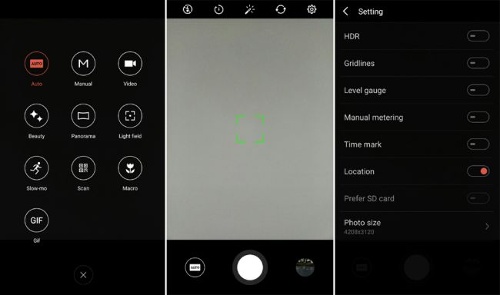 Ứng dụng camera đơn giản nhưng cũng có khá nhiều chế độ chụp tích hợp sẵn để người dùng lựa chọn như HDR, Macro, Manual (điều chỉnh tốc độ màn trập, ISO, bù sáng …), Panorama, GIF, Beauty … Tuy nhiên kích hoạt và chụp bức ảnh đầu tiên là tương đối chậm, điều này có thể khiến người dùng bỏ lỡ những khung hình tốt, ngoài ra tính năng tự động lấy nét cũng làm việc không ổn định. Thực tế ảnh chụp trong điều kiện ánh sáng đầy đủ có khả năng tái tạo màu sắc tốt với dải tương phản rộng. Tuy nhiên ở những góc tối trên nhiều hình ảnh thì hiện tượng noise cũng đã xuất hiện. Trong khi ảnh chụp ở điều kiện ánh sáng thấp thì hiện tượng noise khá nhiều và màu sắc nhạt hơn nhiều so với thực tế. 
