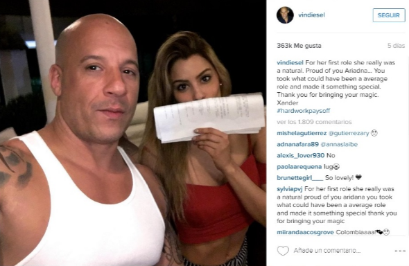 Vin Diesel đã từng đăng lên Instagram cá nhân hình ảnh của hoa hậu Ariadna Gutiérrez đang học thoại và những dòng khích lệ cho vai diễn đầu tay của người đẹp này.