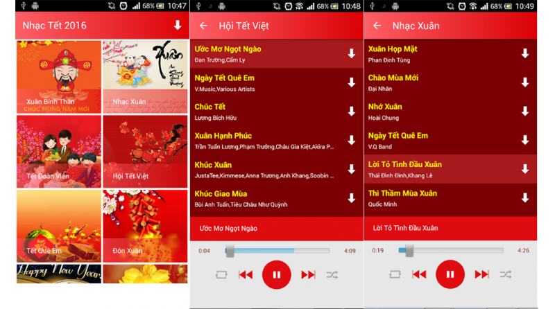 Ứng dụng giải trí ngày Tết - Nghe nhạc Tết: Ứng dụng đầy đủ các album nhạc tết, nhạc trẻ, nhạc vàng, nhạc trữ tình quê hương cho bạn thoải mái lựa chọn.
