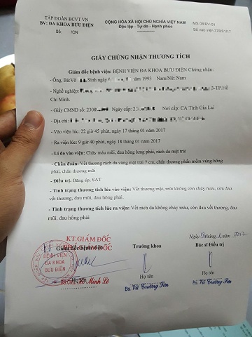 Giấy chứng nhận thương tích do bệnh viện cấp cho anh Võ Th.