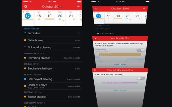 Fantastical 2 thay thế Calendar. Ứng dụng này không đơn thuần chỉ có chức năng của lịch công tác Calendar để hiển thị những công việc cần làm của người dùng trong ngày. Fantastical 2 có khả năng đồng bộ rất tốt với tính năng Reminders trên mọi thiết bị iOS, giúp người dùng sắp xếp công việc, sự kiện trực tiếp ngay trên ứng dụng mà không cần mở Reminders. Fantastical cũng cho phép tự động tạo Reminders khi người dùng viết ghi chú với các từ “reminder”, “todo”, “task” hoặc hẹn giờ báo thức với cụm từ “remind me tomorrow at 3PM”, “alert 1 hour before”. Một tính năng rất tiện lợi.