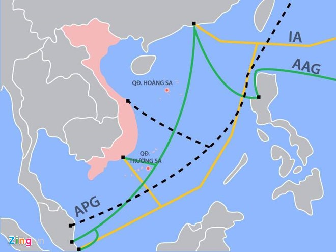 Tuyến cáp AAG (màu xanh) đang gặp sự cố (Ảnh: Zing.vn)