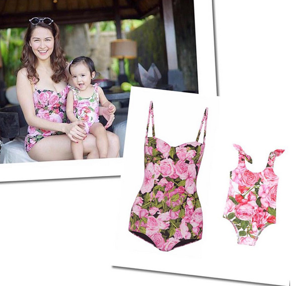 Trong chuyến đi chơi đến đảo Bali, mẹ con Marian Rivera thu hút toàn bộ ống kính giới truyền thông với bộ áo tắm hoa hồng của hiệu Dolce Gabbana