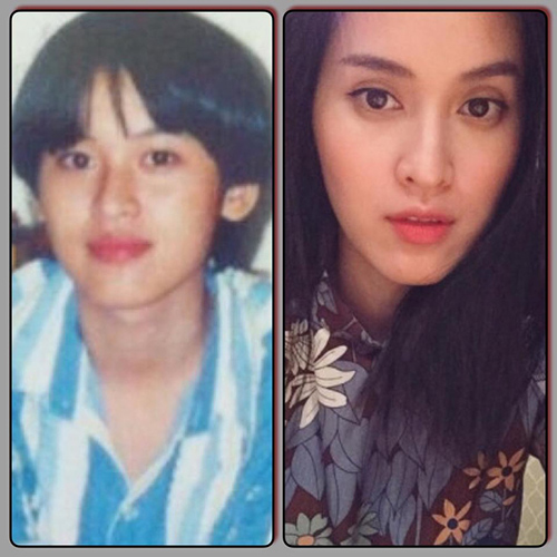 Còn bà xã Tú Vi của anh lại tomboy với mái tóc tém ngắn