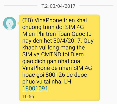 VinaPhone nhắn tin đổi sim miễn phí cho khách hàng và phục vụ tại nhà nếu khách hàng cần.