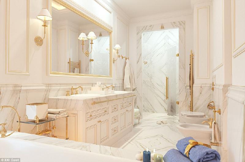 Các nhà tắm khác trong biệt thự cũng được ốp đá hoa cương trắng sang trọng, lịch lãm.