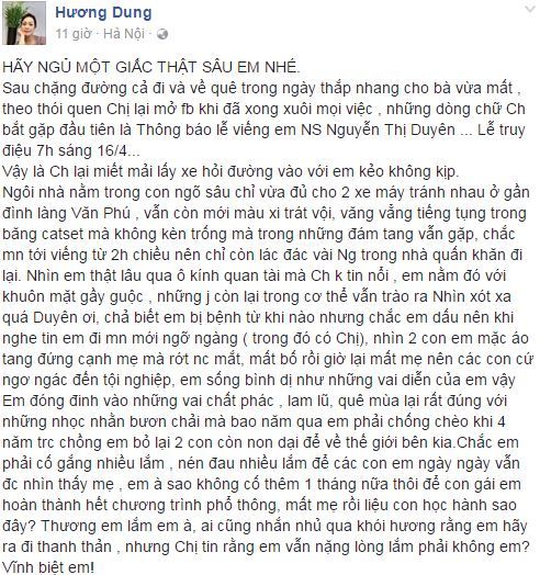 NSƯT Hương Dung bất ngờ trước sự ra đi đột ngột của Hương Duyên