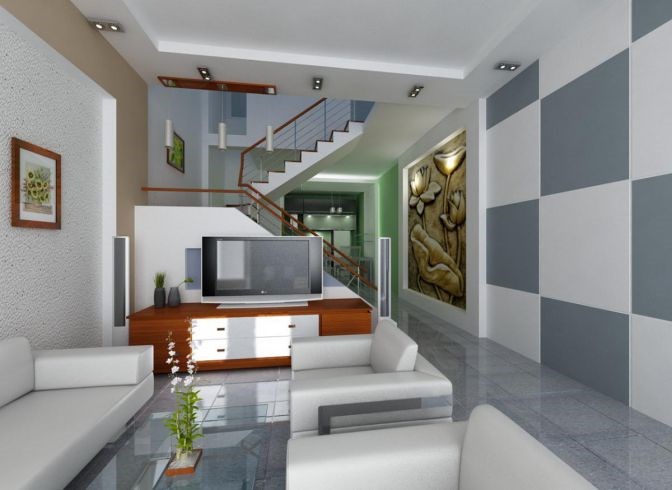 Sofa trắng trên nền gạch xám kết hợp cùng họa tiết trang trí tường cho không gian phòng khách thêm tinh tế. Ảnh: Khonggiannhadep24h. 