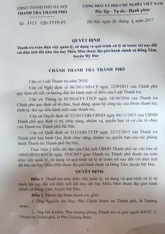 Thanh tra đất Đồng Tâm