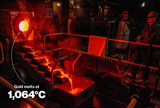 Khoảng 500.000 ounce vàng được đổ tại đây mỗi năm. Tất cả vàng nguyên chất đều được nung ở nhiệt độ 1,064 độ C.