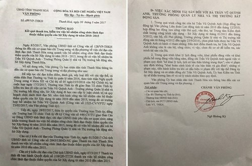 Thông báo số 197/VP-THKH về kết quả Thanh tra, kiểm tra việc bổ nhiệm công chức lãnh đạo thuộc thẩm quyền của Sở Xây dựng từ 2010 – 2015 của UBND tỉnh Thanh Hóa.