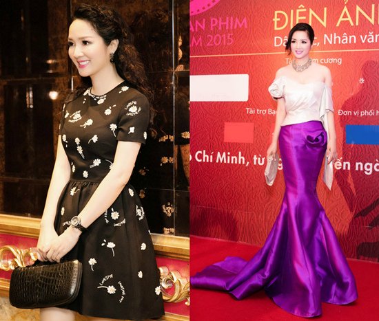 Thời trang dự sự kiện của Giáng My cũng vô cùng đắt giá, như chiếc váy đen thêu họa tiết hoa cúc nằm trong bộ sưu tập Thu - Đông 2015 của Valentino có giá hơn 150 triệu đồng (bên trái) hay chiếc váy lụa trang nhã có giá gần 100 triệu đồng (bên phải).