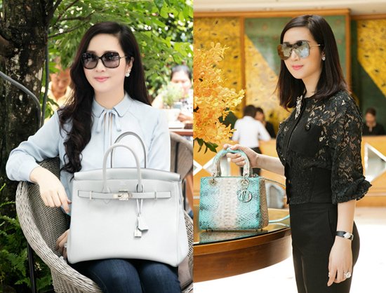 Đi cùng váy áo cao cấp, không thể thiếu những chiếc túi xách đắt đỏ này. Chẳng hạn như chiếc túi Hermes Birkin cỡ lớn giá hơn 200 triệu đồng (bên trái) hay túi Dior da trăn xa xỉ có giá 260 triệu đồng (bên phải).