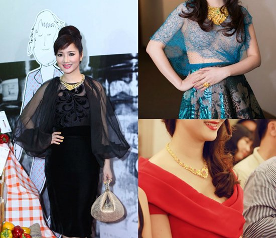 Giáng My cũng rất mê sưu tầm trang sức. Trong một sự kiện, cô diện vòng cổ lấp lánh trị giá 700 triệu đồng (bên trái). Một số lần xuất hiện khác, người đẹp này chơi sang diện bộ trang sức có giá đến 1 tỷ đồng (bên phải).