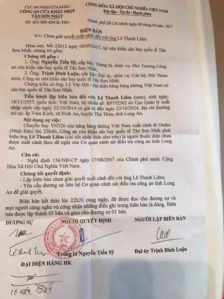 Biên bản chưa giải quyết xuất cảnh đối với ông Liêm