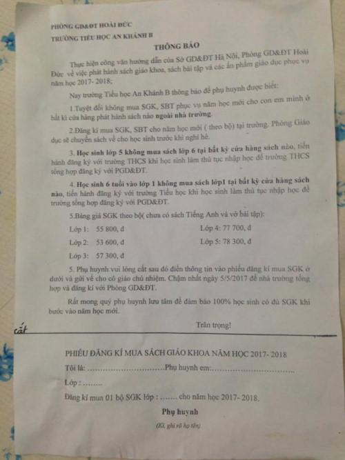 Thông báo của Trường tiểu học An Khánh B khiến phụ huynh bức xúc.