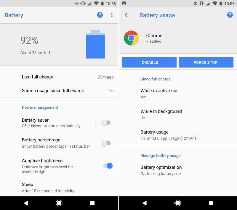 Cài đặt pin mới: Số liệu thống kê về khả năng tiêu tốn pin của Android O đang thu nhỏ lại đáng kể. Khi theo dõi số liệu thống kê sử dụng pin của ứng dụng, bạn có thể biết được cả lượng pin bị hao hụt khi ứng dụng đang hoạt động cũng như chạy trong nền là bao nhiêu?