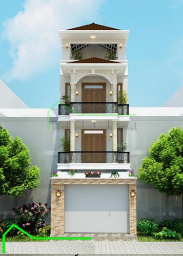 Nhà 3 tầng nổi bật với cách phối cảnh bên ngoài hài hòa.