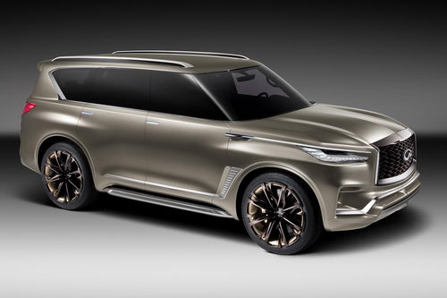 3. Infiniti QX80 Monograph: QX80 Monograph áp dụng ngôn ngữ thiết kế mới với phong cách điêu khắc. Ngoại thất kết hợp giữa các dạng hình học, lưới tản nhiệt cỡ lớn giúp xe cao và rộng hơn, cột D thay đổi hình dáng, cụm đèn pha mới mà Infiniti gọi là Human Eye sử dụng đèn LED thông minh, thân xe thiết kế mới liền lạc, kính hậu thay bằng camera nhỏ. Thiết kế nội thất cũng như động cơ vẫn còn là bí mật chưa được tiết lộ.