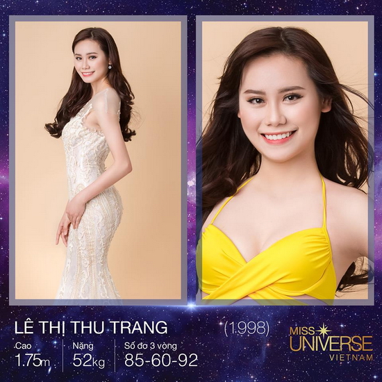Sở hữu chiều cao ấn tượng 1m75, cùng số đo 85-60-92, cô nàng Lê Thị Thu Trang của Bắc Giang đến với Hoa hậu Hoàn vũ Việt Nam với ước mơ “giúp đỡ những hoàn cảnh khó khăn, những mảnh đời bất hạnh mà tôi đã được chứng kiến”.