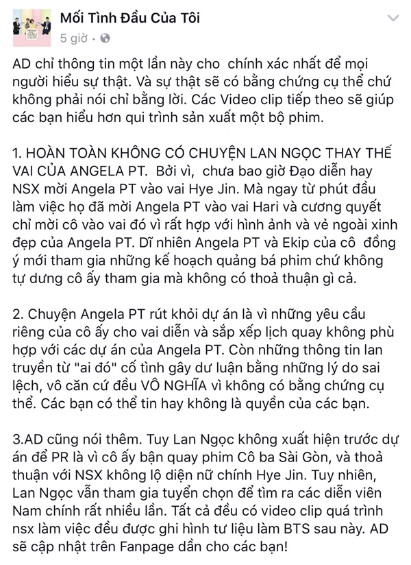 Có hay không việc Ninh Dương Lan Ngọc cướp vai diễn?  Khi 2sao liên lạc với Angela Phương Trinh để tìm hiểu nguyên nhân dẫn đến quyết định của cô, đại diện của mỹ nhân sinh năm 1995 cho biết: 