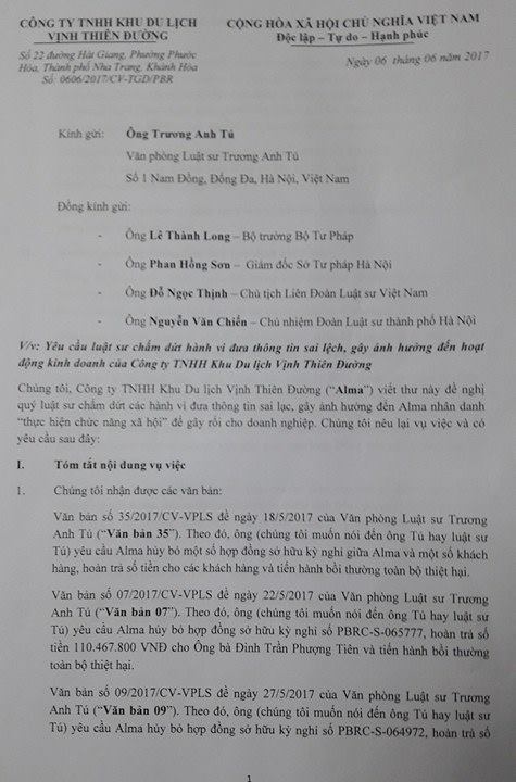 Công văn phía ALMA gửi Văn phòng luật sư Trương Anh Tú 