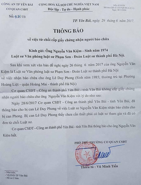 Thông báo của công an TP Yên Bái