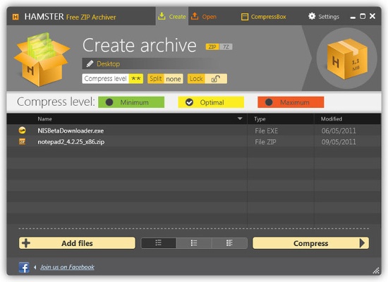 Hamster Free ZIP Archiver: Mặc dù là công cụ miễn phí và cũng là giải pháp nén, giải nén dữ liệu nhưng Hamster Free ZIP Archiver cung cấp giải pháp nén dữ liệu tiên tiến hơn. Không như các công cụ nén dữ liệu ở trên, Hamster Free ZIP Archiver cho phép người dùng lựa chọn ba cấp độ nén khác nhau, cấp độ nén càng cao thì dung lượng nén càng nhỏ nhưng thời gian nén và giải nén sẽ lâu hơn. Người dùng cũng có thể đặt mật khẩu bảo vệ file nén, hay chia nhỏ file nén theo dung lượng bất kỳ để lưu trữ và chia sẻ. Thậm chí tích hợp với các dịch vụ đám mây để lưu và chia sẻ các tập tin qua internet.