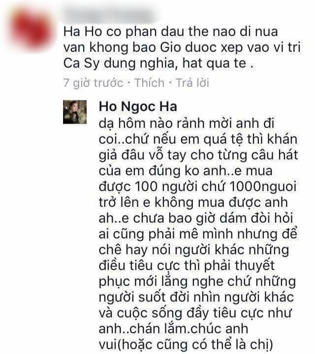 Hồ Ngọc Hà đáp trả cư dân mạng trên trang cá nhân. 