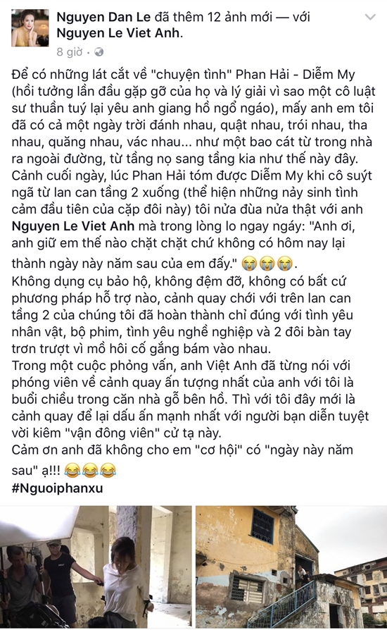 Mới đây trên trang cá nhân của mình, Đan Lê đã chia sẻ hậu trường thực hiện cảnh quay giúp người xem hiểu hơn về chuyện tình của Phan Hải và Diễm My trong quá khứ. Theo đó, có vẻ như Phan Hải chính là người đã giải cứu Diễm My thoát khỏi tay bọn bắt cóc. Và chính hành động đó đã khiến cô sinh viên trường luật đem lòng yêu anh giang hồ ngổ ngáo.
