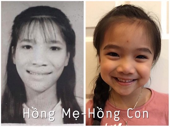 Ca sĩ Hồng Ngọc khoe ảnh con gái giống hệt mẹ hồi nhỏ. Cô hóm hỉnh viết: “Hồi nhỏ mẹ thiếu ăn nên bớt xinh, giờ con đầy đủ nên con sáng hơn mẹ nhiều, cằm tui phẫu thuật từ bé luôn nà. Bản sao y chang bản chính nhưng có vẻ hoàn chỉnh hơn bản chính nhiều”.