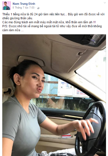 Dòng trạng thái Nam Trung chia sẻ trên trang cá nhân sau khi được Võ Hoàng Yến chở về.