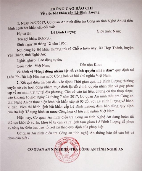 Thông cáo báo chí của Công an Nghệ An về vụ bắt khẩn cấp Lê Đình Lượng.