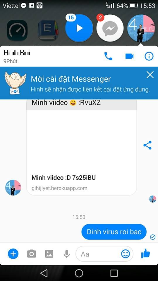 Ảnh chụp màn hình tin nhắn nghi chứa mã độc đang phát tán trên Facebook Messenger.