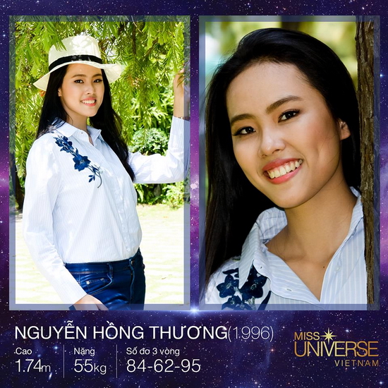 Đến từ Bà Rịa – Vũng Tàu là Nguyễn Hồng Thương, cao 1m74, đang là sinh viên năm 3 trường Y, được nhiều người so sánh với Top 5 Hoa hậu Hoàn vũ Việt Nam 2015 Nguyễn Thị Loan vì có nhiều đường nét khá giống. Ước mơ giúp đỡ mọi người, khoác lên mình chiếc áo blouse trắng và trở thành Hoa hậu Hoàn Vũ là khao khát mãnh liệt từ thuở bé của Hồng Thương. Vì thế cô luôn cố gắng, nỗ lực hết sức, hoàn thiện bản thân từng ngày để trở thành người xứng đáng nhất.
