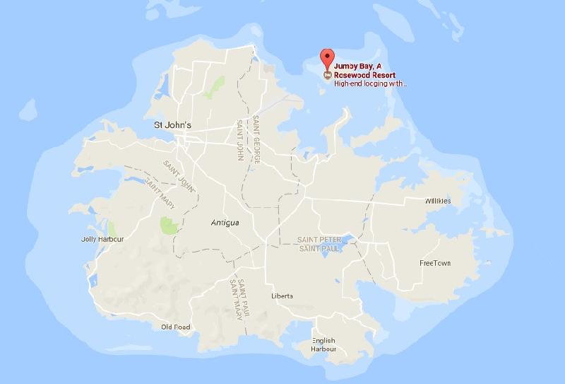 Nơi nghỉ trăng mật 6.500 USD một đêm của danh thủ Messi hình ảnh 14 Resort Jumby Bay (chấm đỏ trên bản đồ) nằm trên một hòn đảo riêng tư ở vùng biển Caribbe, chỉ có thể tiếp cận bằng thuyền. Ảnh chụp màn hình.