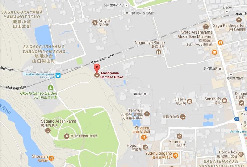 Rừng tre Arashiyama (dấu đỏ trên bản đồ) được CNN xếp vào top 100 con đường tuyệt nhất thế giới. Ảnh chụp màn hình.