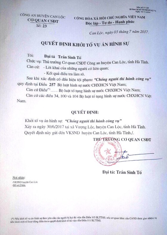 Quyết định khởi tố vụ án hình sự 