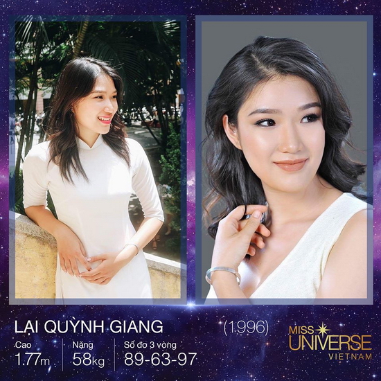 Lại Quỳnh Giang, cao 1m77, năm nay 21 tuổi, đến từ thủ đô Hà Nội là một cô gái hay cười và luôn muốn mang lại điều vui vẻ cho những người xung quanh mình. Cô sống lạc quan, thích tự suy nghĩ tích cực khi đứng trước những biến cố khó khăn và không thích sự mâu thuẫn tranh cãi bất hòa trong cuộc sống.